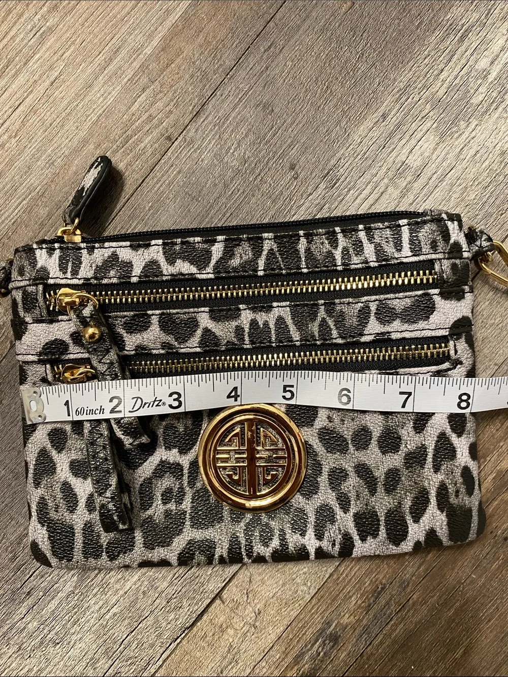 Leopard Print Wristlet Clutch with Gold Emblem